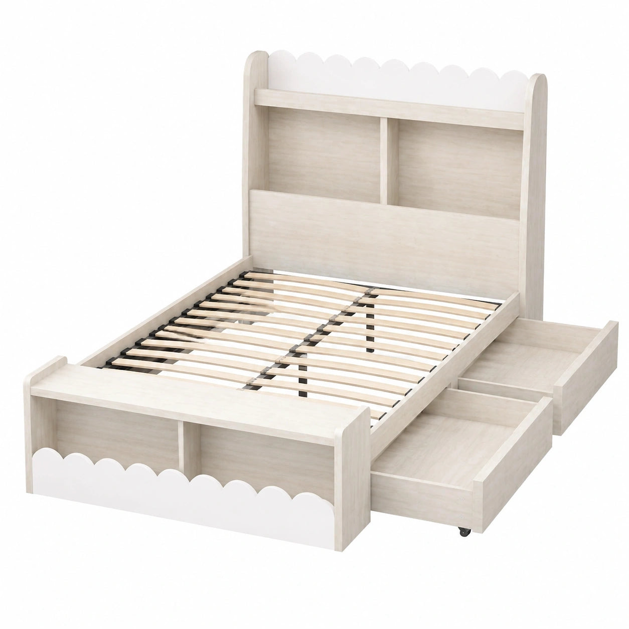 Kinder Einzelbett aus Holz 90x200 cm mit Schubladen und Sitzbank, inklusive Regal und Lattenrost, Weiß/Eiche
