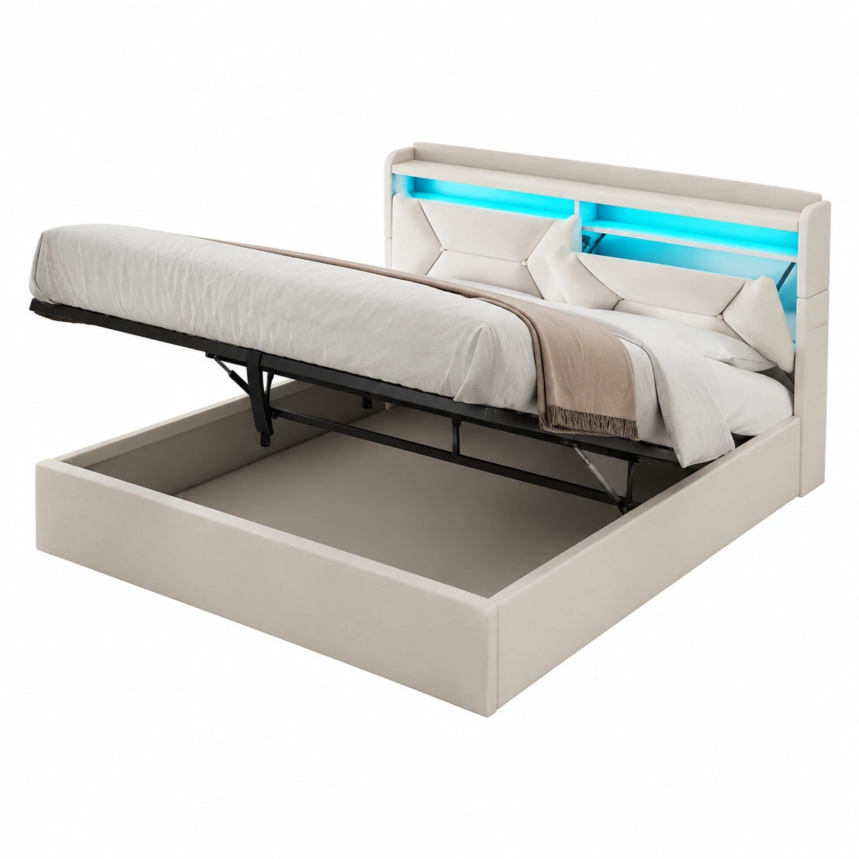 Modernes Stoffbett 180x200 cm mit LED-Beleuchtung und USB-C, hydraulischer Stauraum, Kopfteil, Metallrahmen, beige