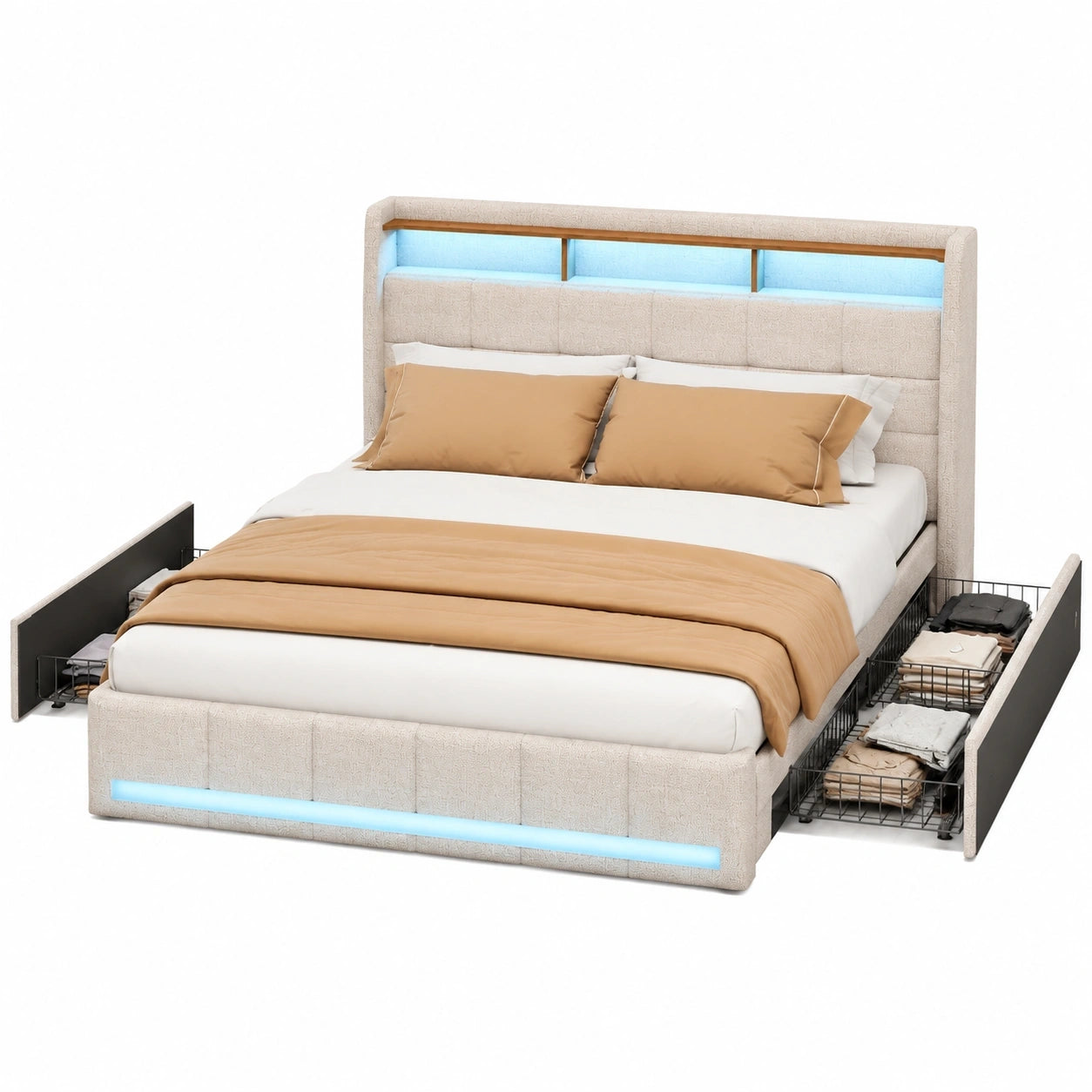 Modernes Polsterbett 140x200 mit LED, USB und Stauraum, Beige Leinen