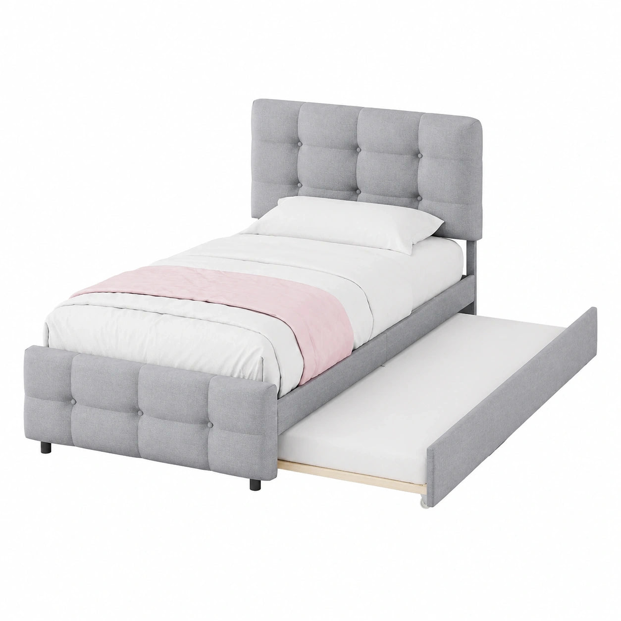 Kinder- und Jugendbett mit verstellbarem Kopfteil, Leinenpolsterung, 90x200 cm, Grau
