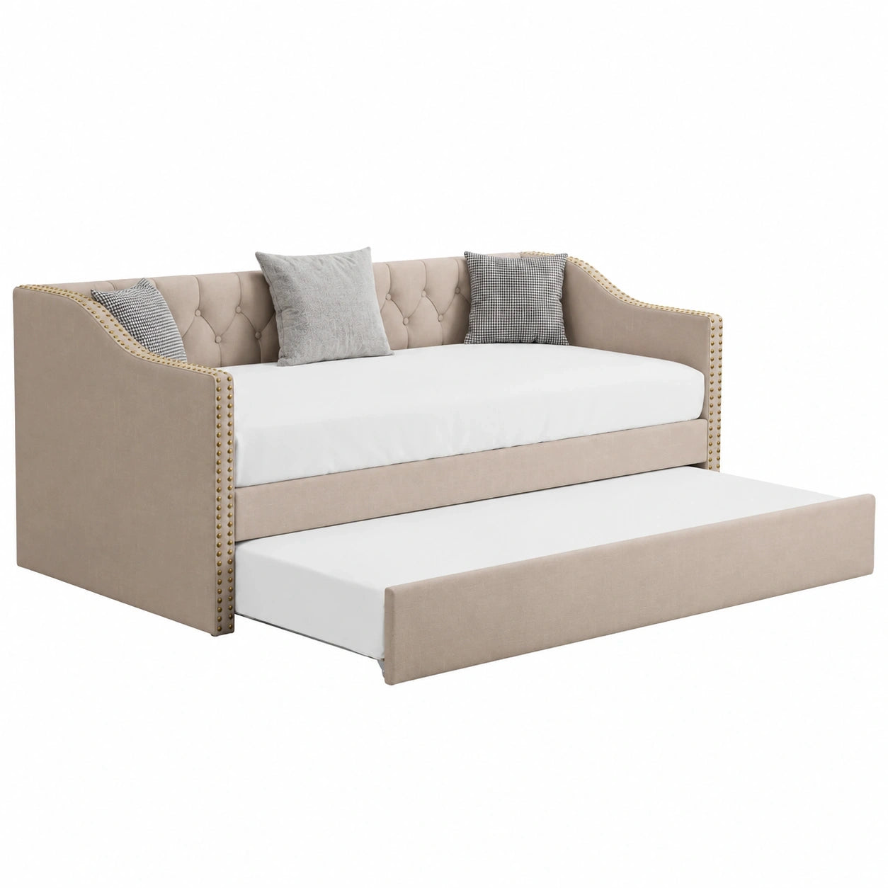 Polster-Schlafcouch 90x200 mit Ausziehbett, Jugendbett oder Gästebett, Beige Samt, Lattenrost inklusive
