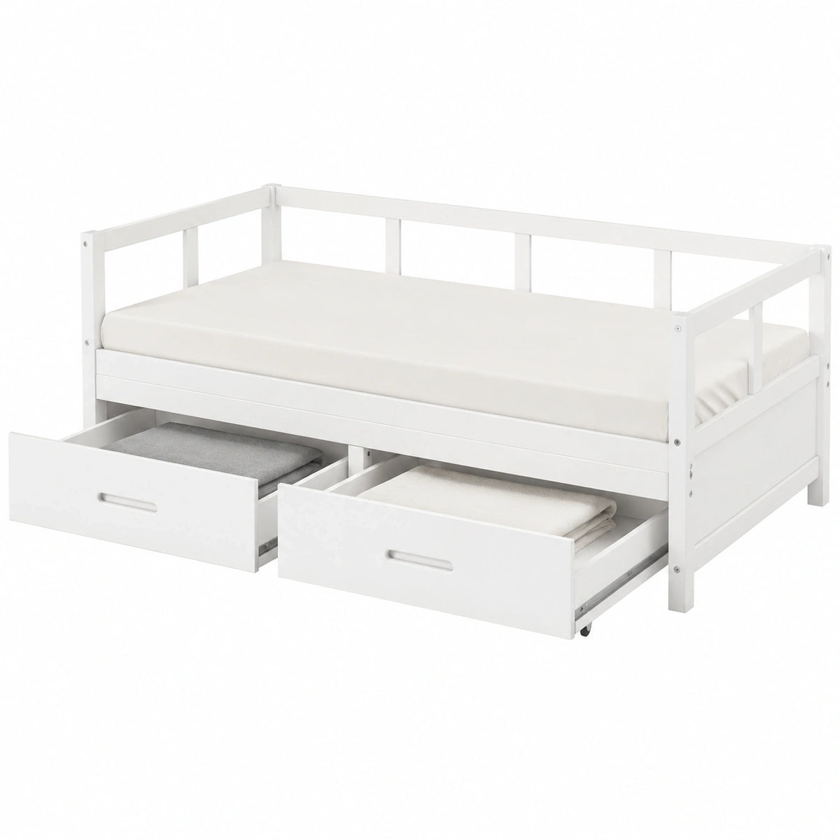 Ausziehbares Kinder- und Jugendbett 90x200cm, Kiefernholz, mit Stauraum und Lattenrost, umwandelbar in Doppelbett, inkl. 2 Schubladen, Weiß
