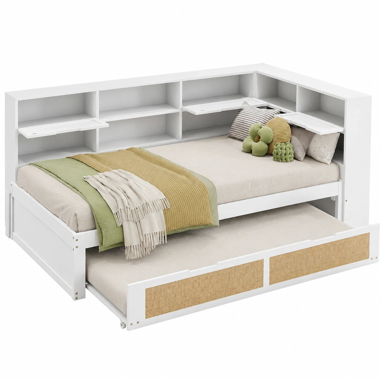 Multifunktionales Schlafsofa aus Holz mit Ausziehbett und Stauraum, Kinderbett ohne Matratze, Weiß, 90x200 cm
