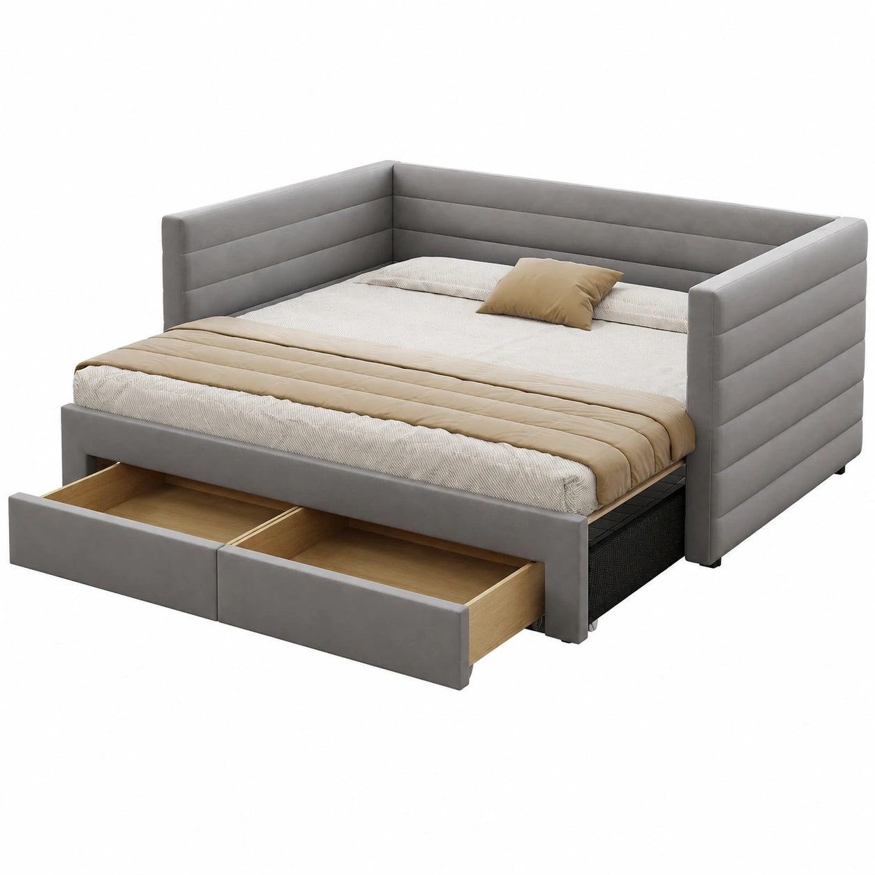 Multifunktionales Polsterbett 90x190 cm, umwandelbar zum Schlafsofa mit Schubladen, Baumwolle & Leinen, Grau