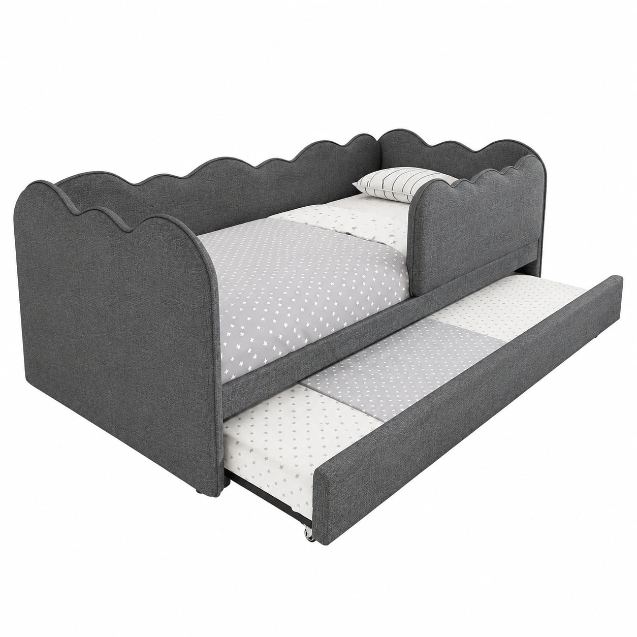 L-förmiges Polsterbett 90x190 cm mit ausziehbarem Gästebett, Kinder- und Schlafsofa, austauschbare Seitenteile, Leinen Grau