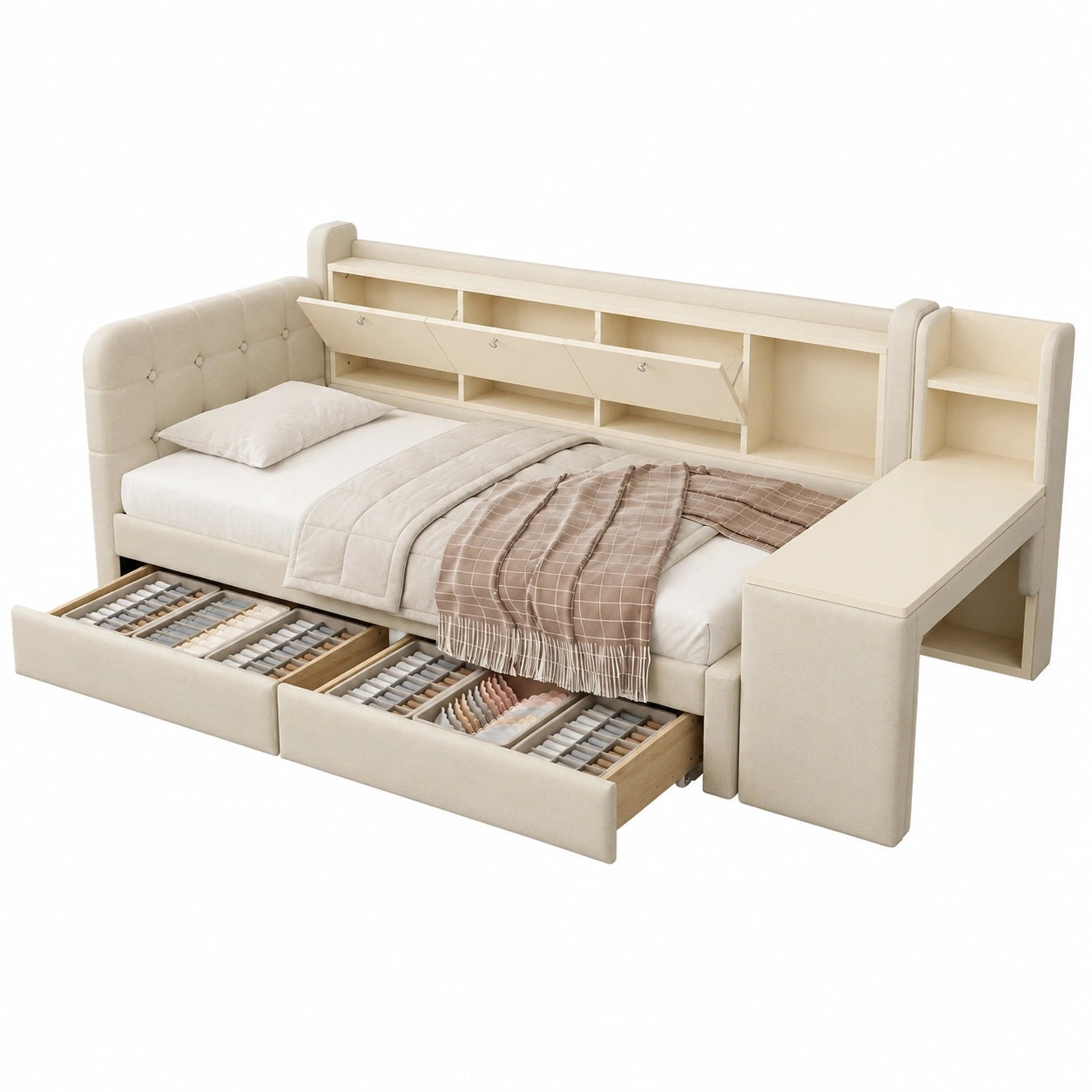 Multifunktionales Schlafsofa 90x200 cm mit Stauraum, Schreibtisch und Lattenrost, beige Leinen