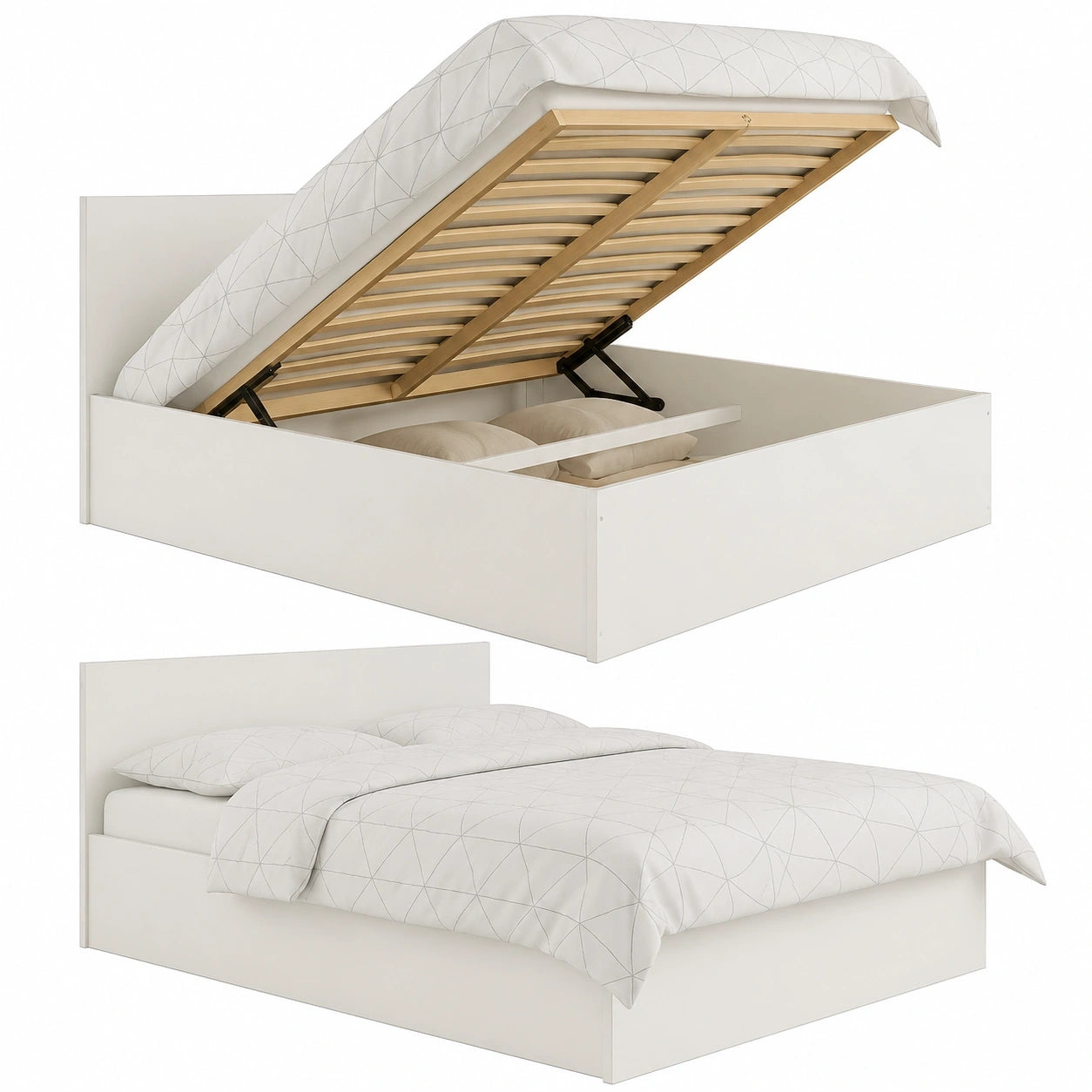 Stauraumbett für Jugendliche 90x200 cm, mit Bettkasten und Birkenholz-Lattenrost, Robust und mit Kopfteil, Weiße Schichtstoffplatte