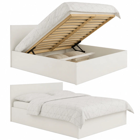 Stauraumbett für Jugendliche 90x200 cm, mit Bettkasten und Birkenholz-Lattenrost, Robust und mit Kopfteil, Weiße Schichtstoffplatte