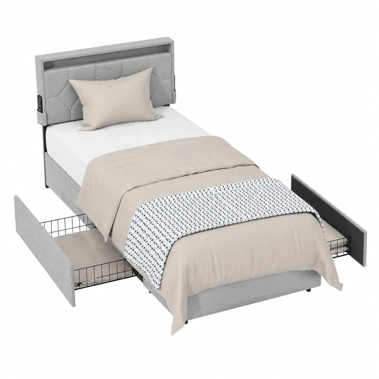 LZQ Einzelbett 90x200 cm mit Schubladen, hellgraues Polsterbett mit Stauraum und gepolstertem Kopfteil