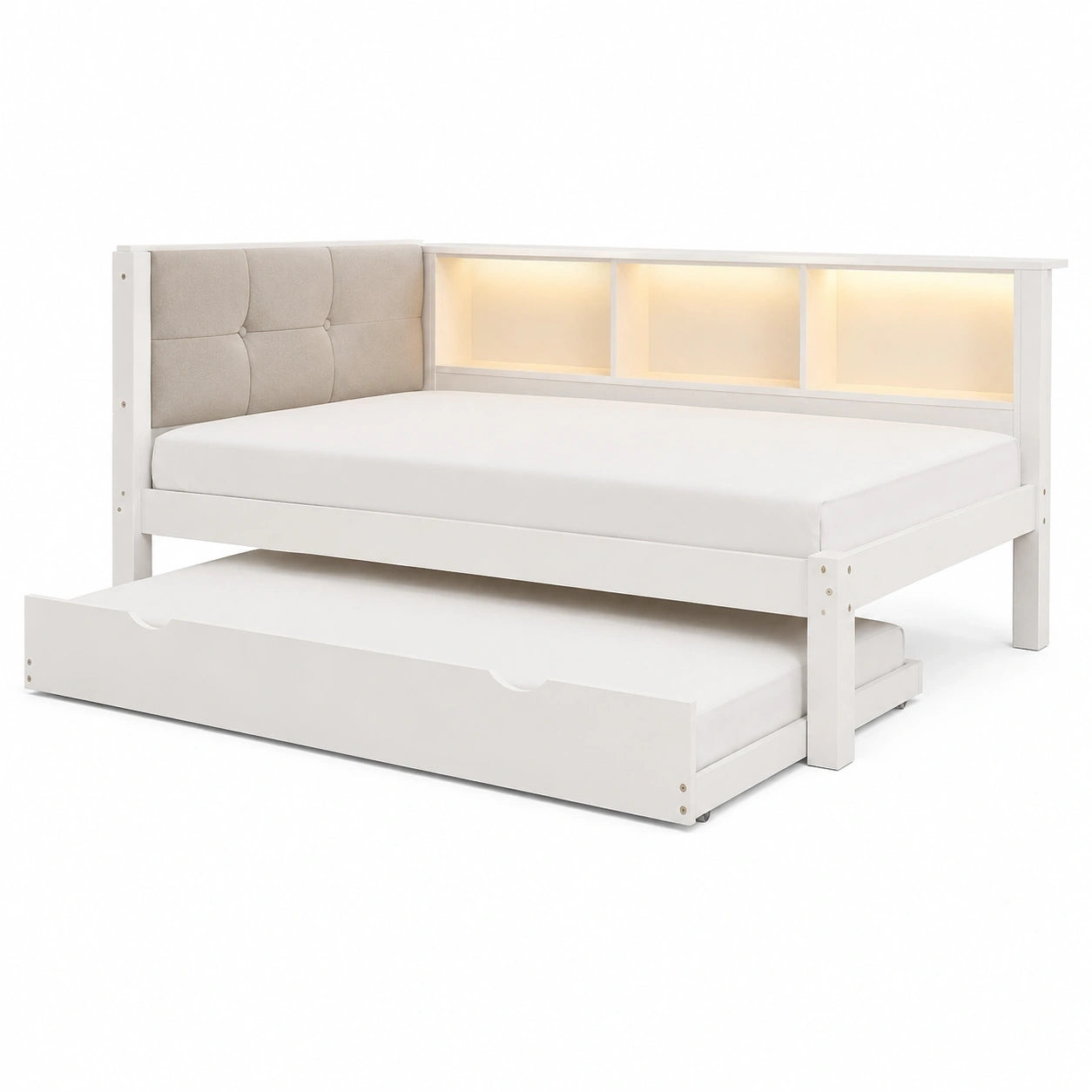 Kiefernholz-Tagesbett 90x200cm mit Ausziehfunktion und gepolstertem Kopfteil, Stauraumbett mit Regal, Gästebett Weiß
