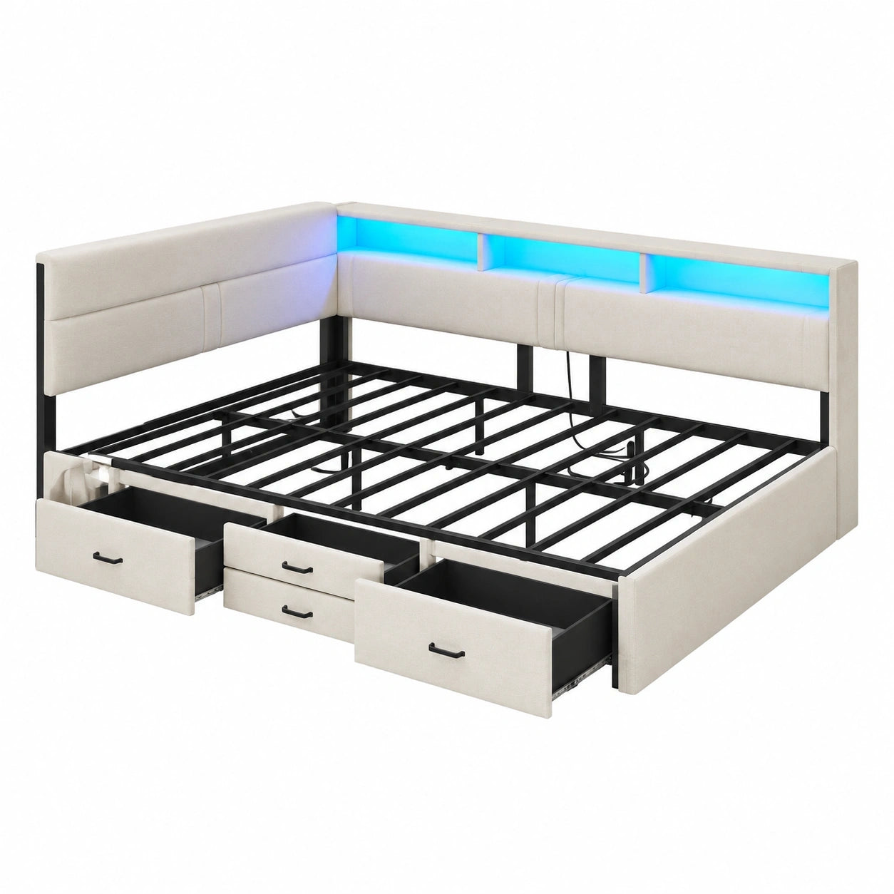 Polsterbett 140x200 mit LED und Ladestation, 4 Schubladen, Leinen Beige, Metall-Lattenrost