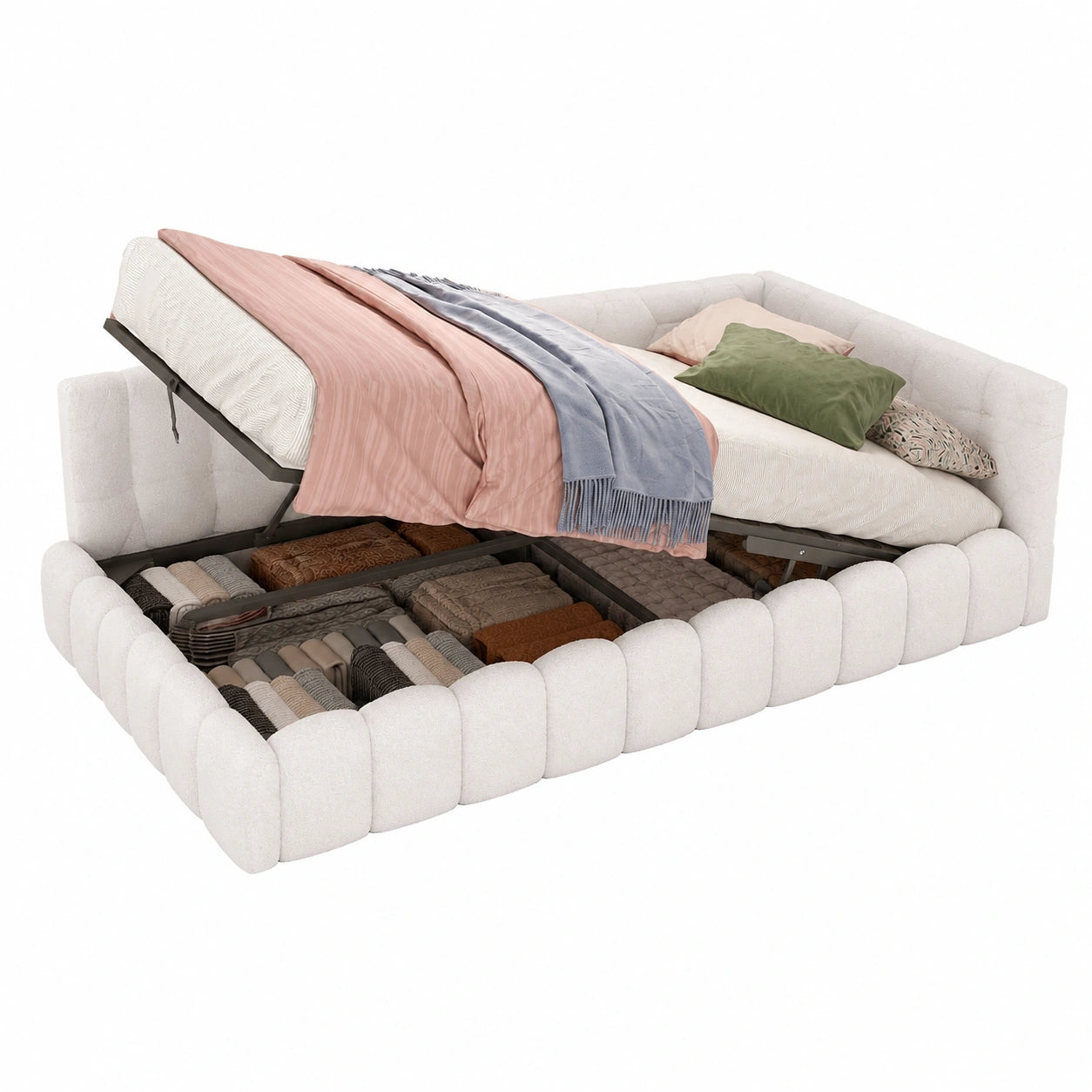 Modernes Schlafsofa 90x200 cm mit Stauraum und Rückenlehne, L-förmiges Einzelbett ohne Matratze, Vliesimitat, Weiß