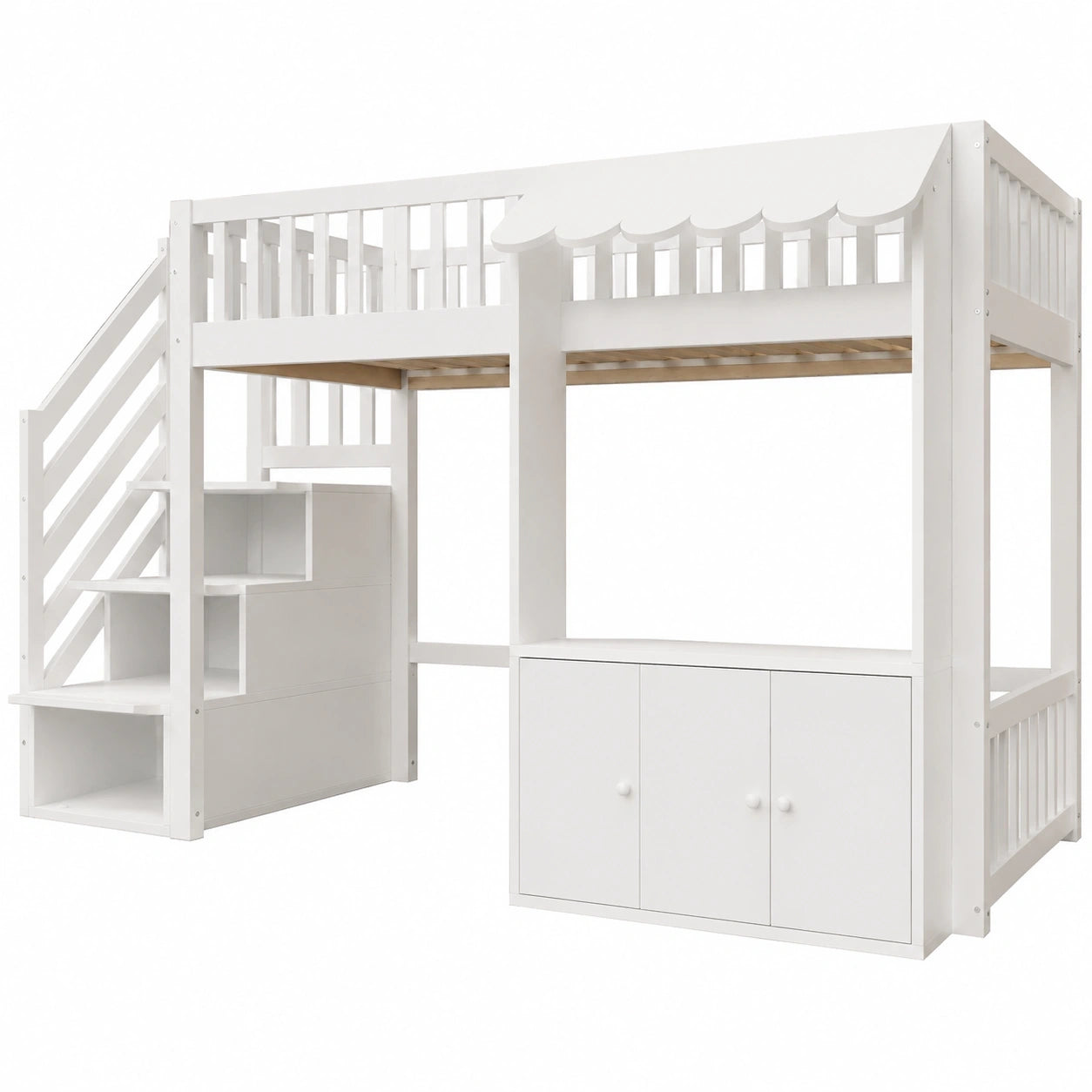 Hochbett 90x200 cm mit Stauraumschrank und Treppe, Kinderbett aus Holz, Weiß