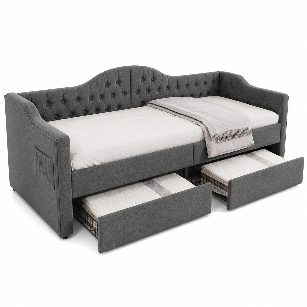 Kindersofabett 90x200 cm mit USB-C und Stauraum, Jugendbett aus Holz und Leinen, Grau