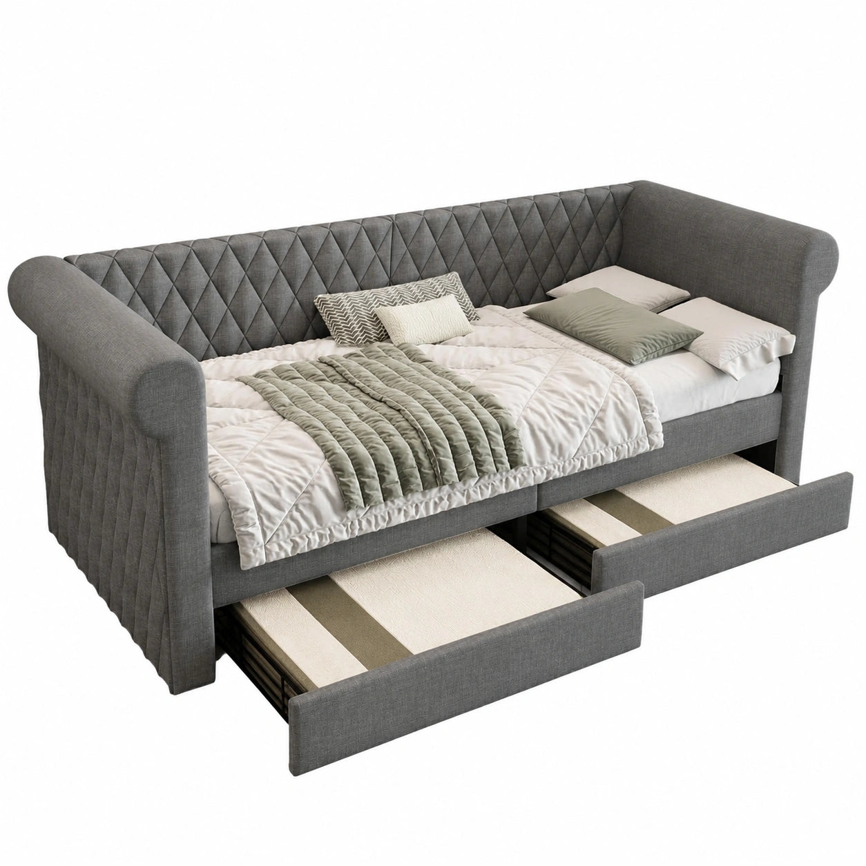 KAZZIO Polsterbett mit Kopfteil 90x200cm, Sofabett und Tagesbett mit Stauraum, Jugendbett aus Holz mit Lattenrost, Leinenstoff, Grau, Ohne Matratze