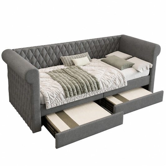 KAZZIO Polsterbett mit Kopfteil 90x200cm, Sofabett und Tagesbett mit Stauraum, Jugendbett aus Holz mit Lattenrost, Leinenstoff, Grau, Ohne Matratze