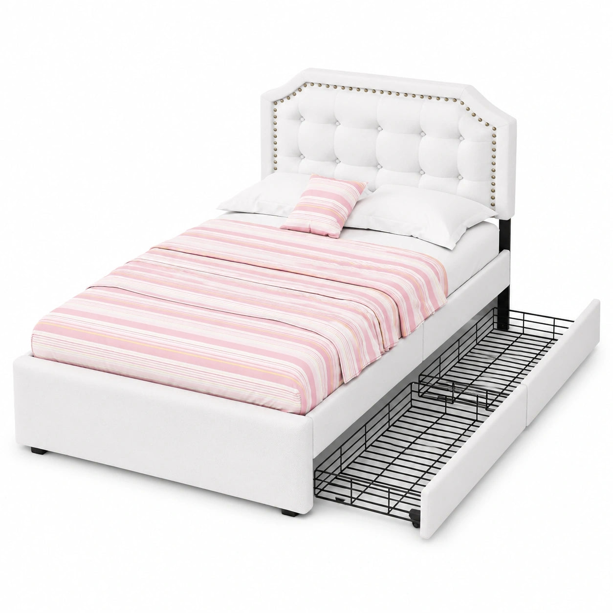 Einzelbett 90x200 cm mit Stauraum und Lattenrost, Leinen, Hellbeige, Ohne Matratze