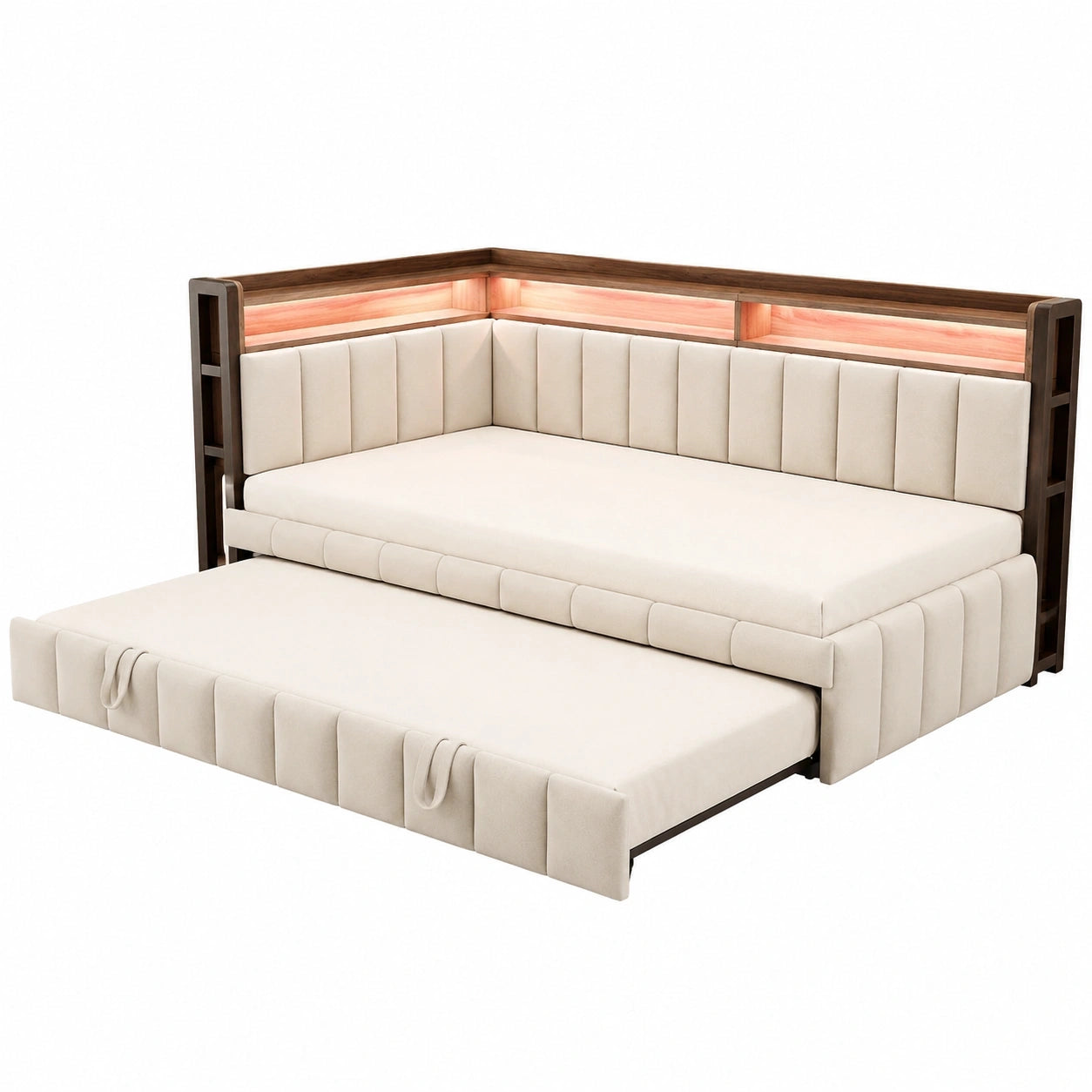 Multifunktionales Polster-Schlafsofa 90x200 cm mit Ausziehbett, Stauraum im Kopfteil, Samtbezug in Beige, ideal als Kinder- oder Gästebett, ohne Matratze