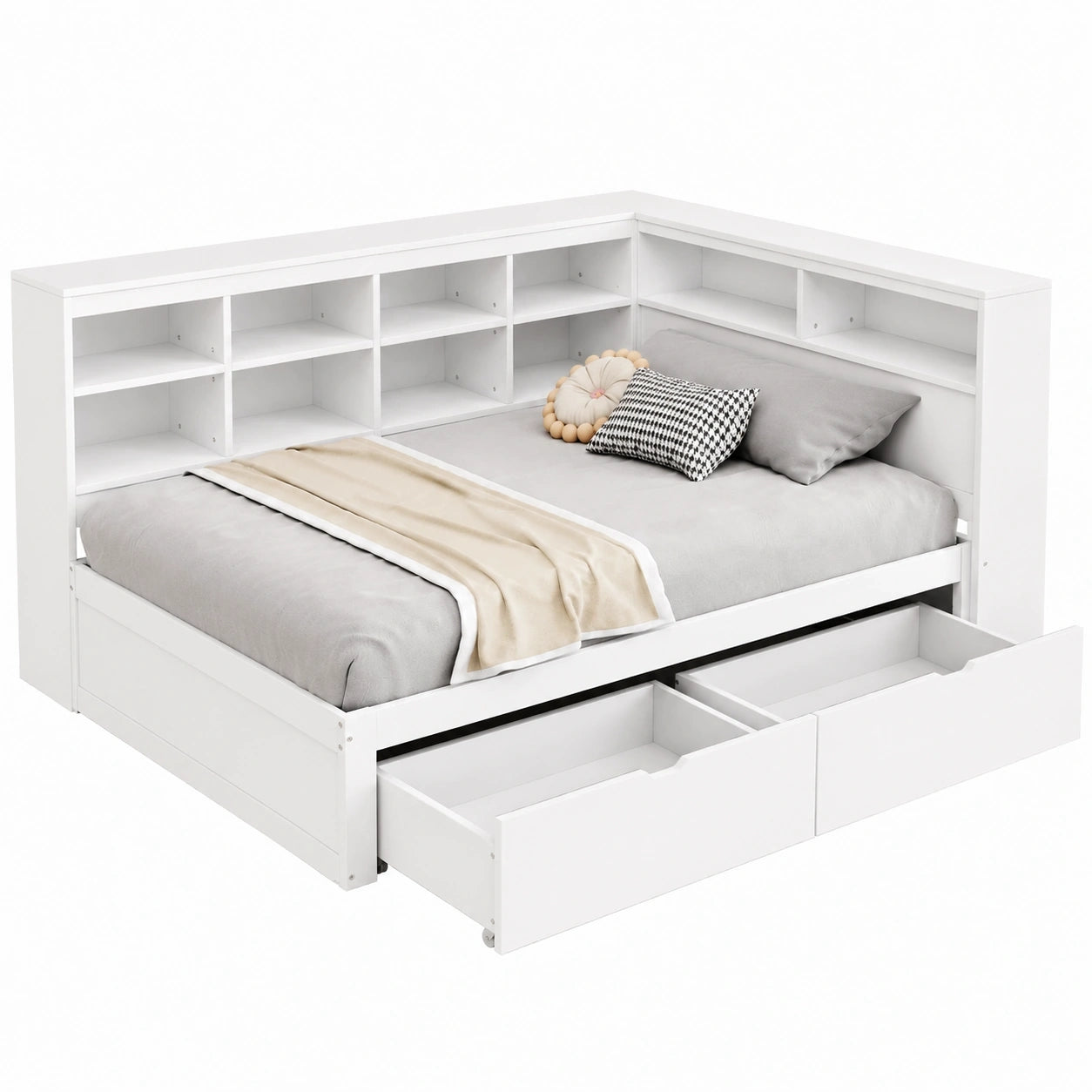 Kinder-Sofabett 90x200 cm mit LED & USB, Stauraum & Ablage, Weiß Holzrahmen