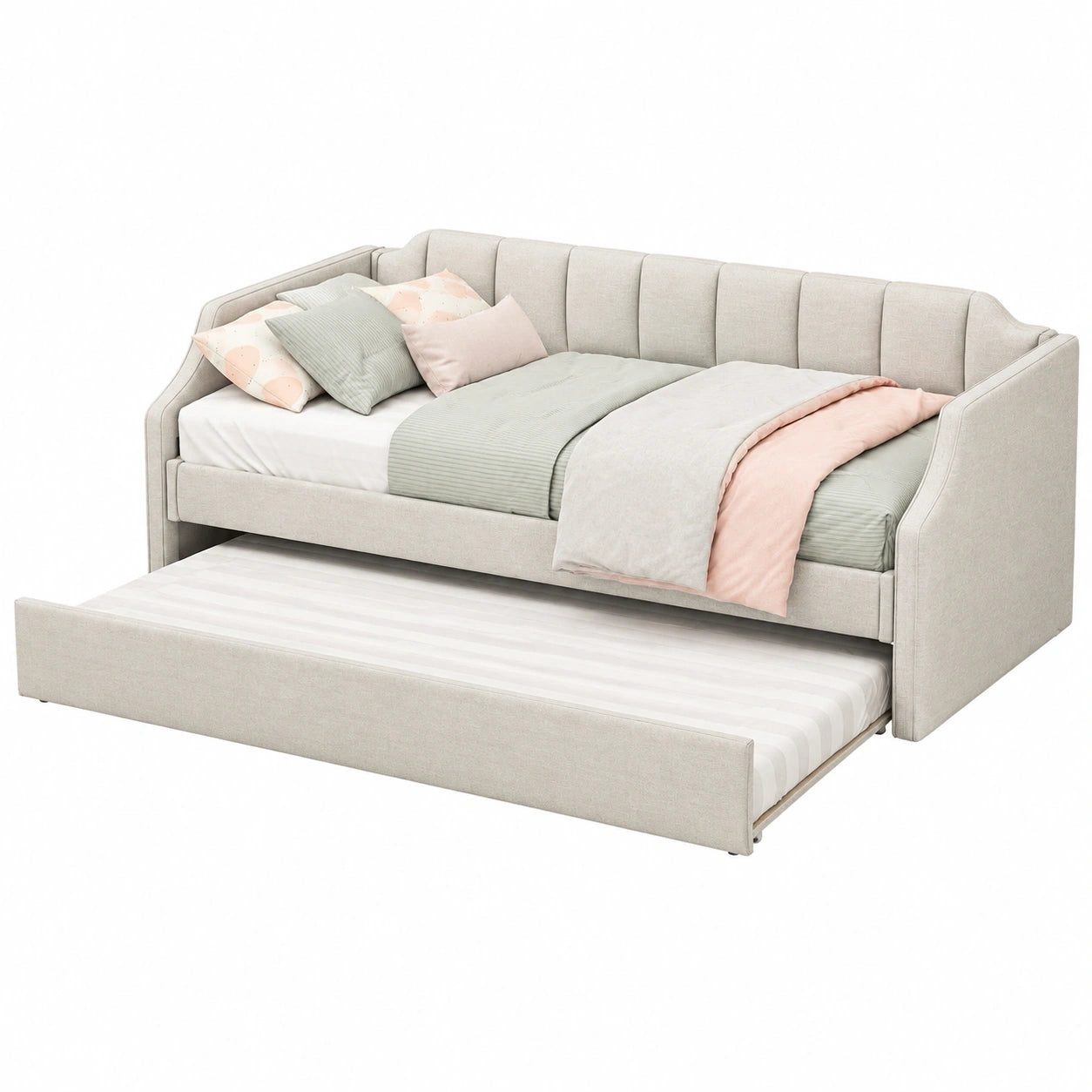 Kinder-Polstersofa 90x200 cm mit ausziehbarem Gästebett, Jugend-Schlafbett aus Holz, Beige, ohne Matratze