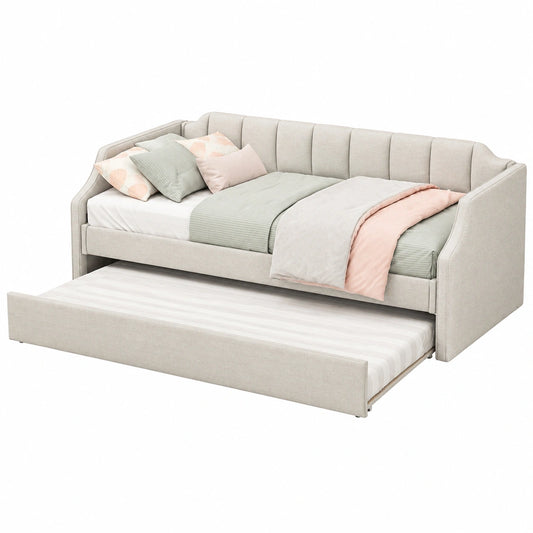 Kinder-Polstersofa 90x200 cm mit ausziehbarem Gästebett, Jugend-Schlafbett aus Holz, Beige, ohne Matratze