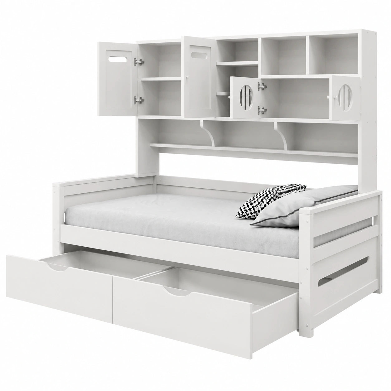 Kebnor Multifunktions-Holzsofa-Bett 90x200 cm, Jugend- und Einzelbett mit Lattenrost, Weiß mit großen Schubladen, ohne Matratze