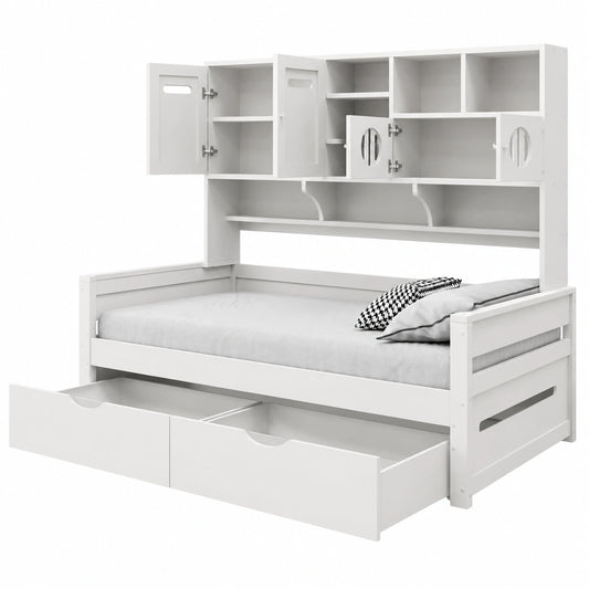 Kebnor Multifunktions-Holzsofa-Bett 90x200 cm, Jugend- und Einzelbett mit Lattenrost, Weiß mit großen Schubladen, ohne Matratze