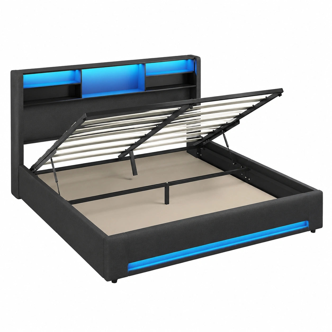 DICTAC Polsterbett 160x200 cm Grau mit LED & USB-C, Stauraum & Lattenrost