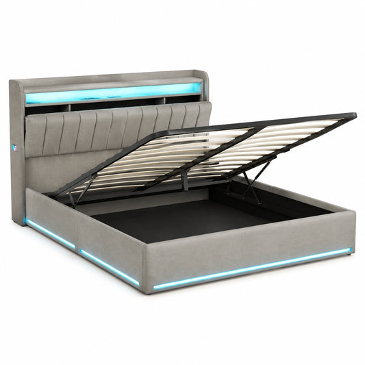 Polsterbett 140x200 mit LED, Stauraum und Ladestation, Jugend- oder Doppelbett, Samt Grau