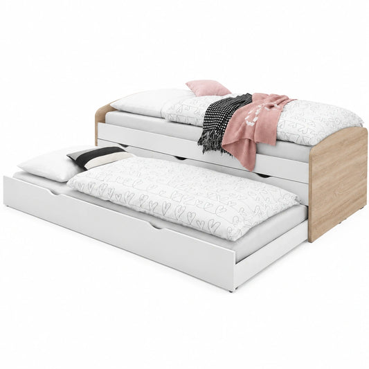 NESSI Tandemliege aus Eiche Sonoma und Weiß, 90x200 cm - Jugendbett mit zwei Liegeflächen