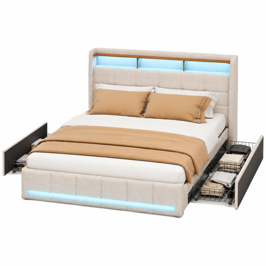 Modernes Polsterbett 140x200 mit LED, USB und Stauraum, Beige Leinen