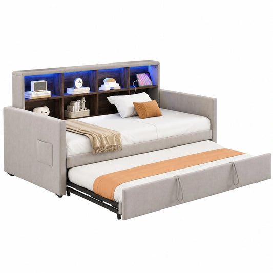 Modernes Schlafsofa mit ausziehbarem Doppelbett 90x190 cm, gepolstertes Kopfteil mit Stauraum, inkl. Lattenrost, Samt Hellgrau
