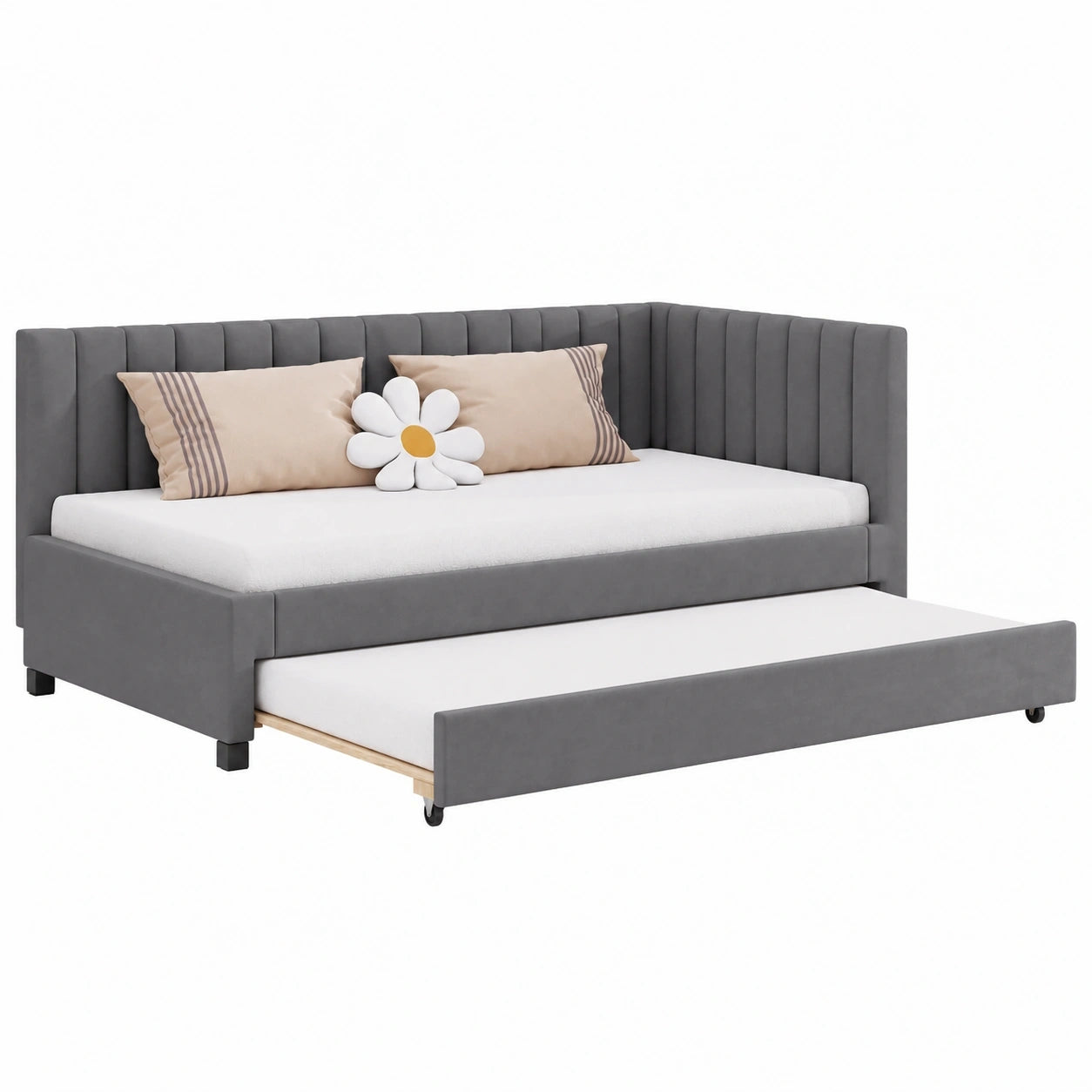 Multifunktionales Polsterbett 90x200 cm mit Ausziehsofa in Beige/Grau
