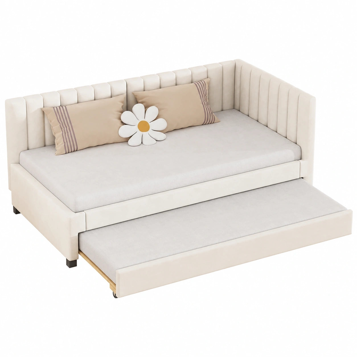 Multifunktions-Polsterbett 90x200 cm, Ausziehbares Gästebett Sofa, Kinder- und Jugendbett in Beige mit Lattenrost