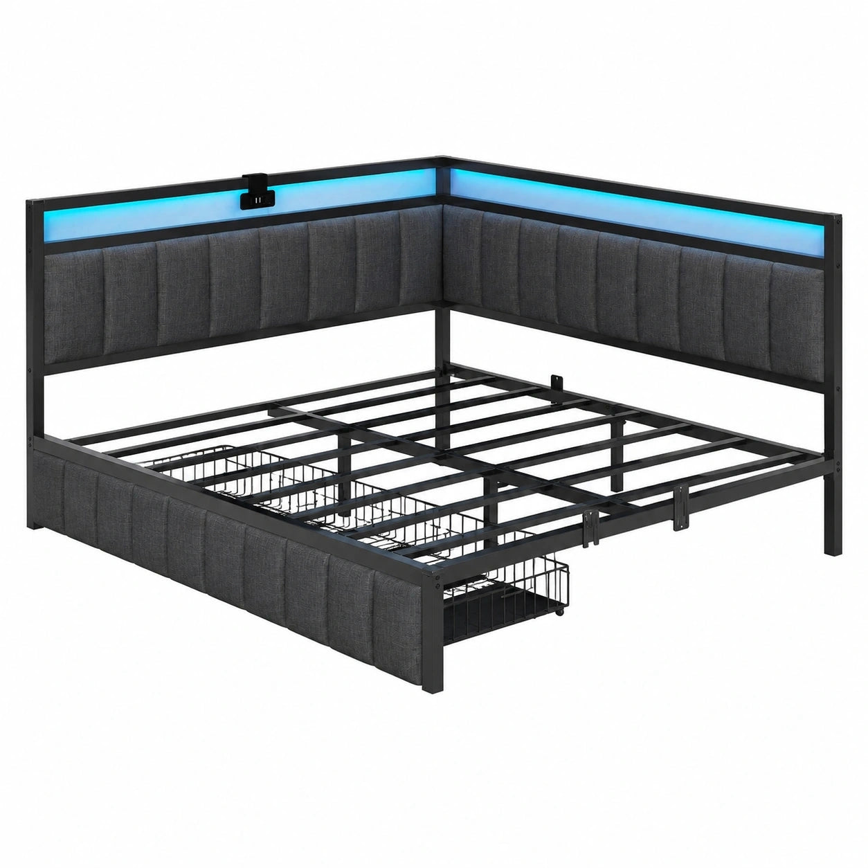 DICTAC Polsterbett 140x190 mit Schubladen, USB-Anschluss und LED, Dunkelgrau