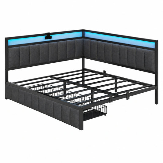 DICTAC Polsterbett 140x190 mit Schubladen, USB-Anschluss und LED, Dunkelgrau