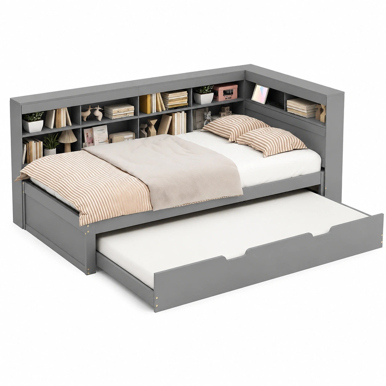 Kehun Sofabett 90x200 cm mit USB-Kopfteil und Ablage, Tagesbett mit ausziehbarem Bett und Stauraum, Holzlattenrost, Einzelbett in Grau