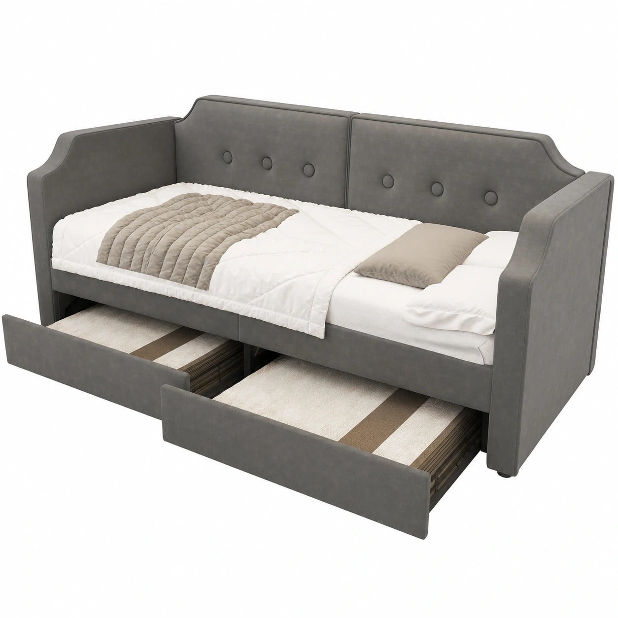 Wiuzo Polsterbett 90x200 cm mit USB-C Leselicht, Tagesbett mit Stauraum-Schubladen, Kinder- und Jugendbett aus Holzlatten, Samt, Grau (ohne Matratze)