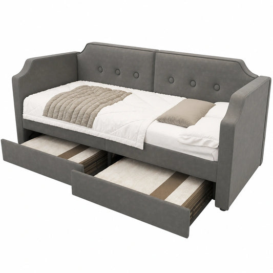 Wiuzo Polsterbett 90x200 cm mit USB-C Leselicht, Tagesbett mit Stauraum-Schubladen, Kinder- und Jugendbett aus Holzlatten, Samt, Grau (ohne Matratze)