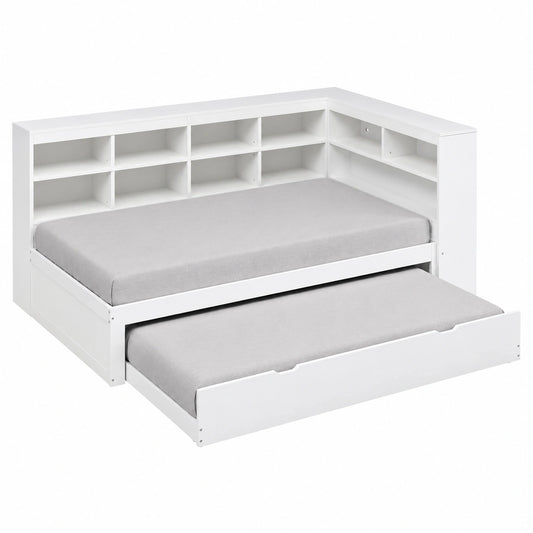Multifunktionales Tagesbett aus Massivholz 90x200 cm mit Ausziehbett und Stauraum, Schlafsofa in Weiß