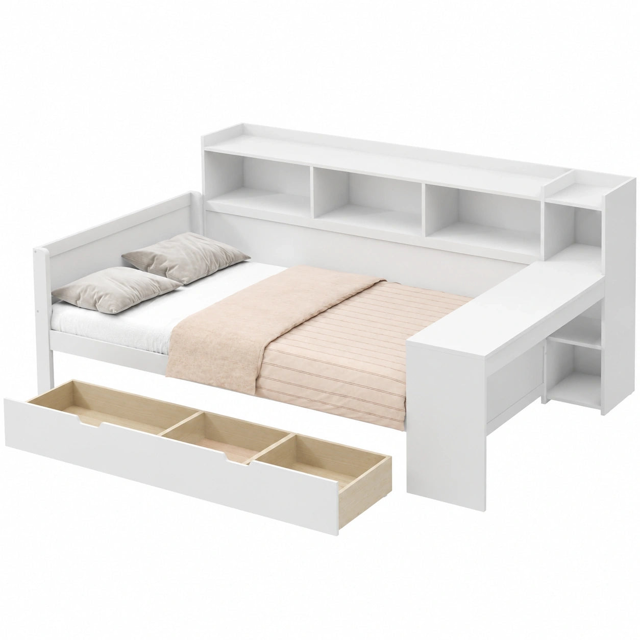 Multifunktionales Sofabett 90x200 cm mit USB, Schubladen & Schreibtisch, Weiß