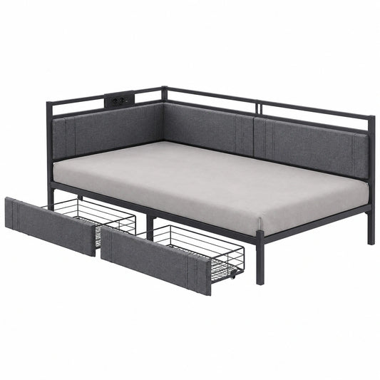Modernes Polsterbett 90x200, Jugend- und Gästebett mit LED und Ladestation, Grau/Schwarz