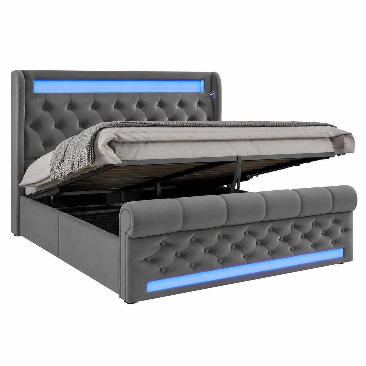 Modernes Polsterbett 140x200 cm mit Stauraum und LED, USB Typ-C Anschluss, Samt Grau