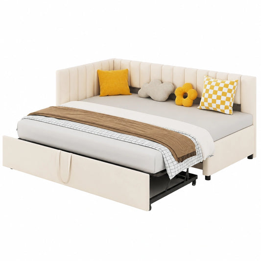 Verstellbares Polsterbett Sofa 90/180 x 200 cm, Multifunktional aus Samt in Beige, Ideal für Kinder- und Gästebett