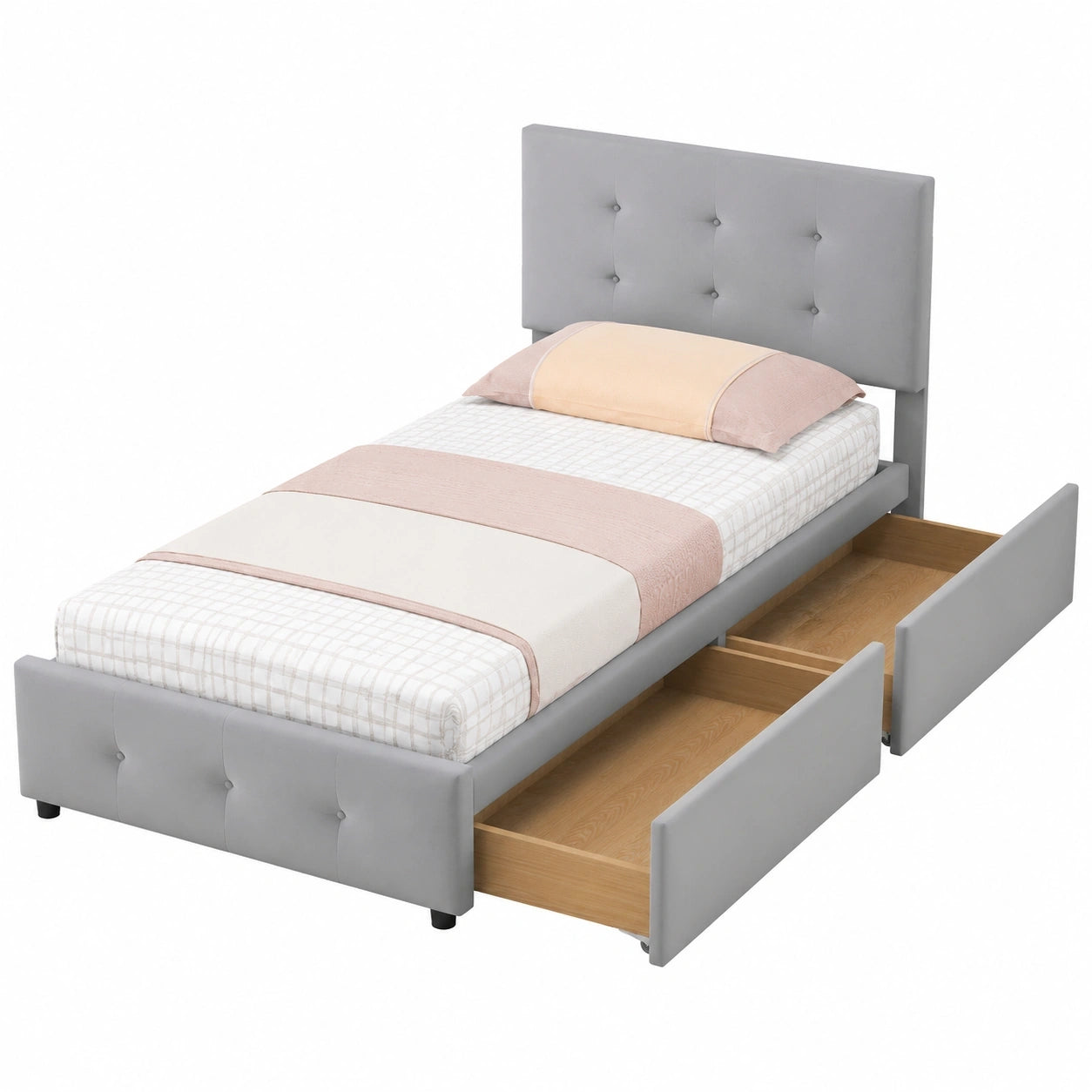 Kinder Polsterbett 90x200 cm mit Stauraum, Jugend- und Gästebett, Inkl. Lattenrost, Schubladen und Kopfteil, Samt Grau, Matratzenlos