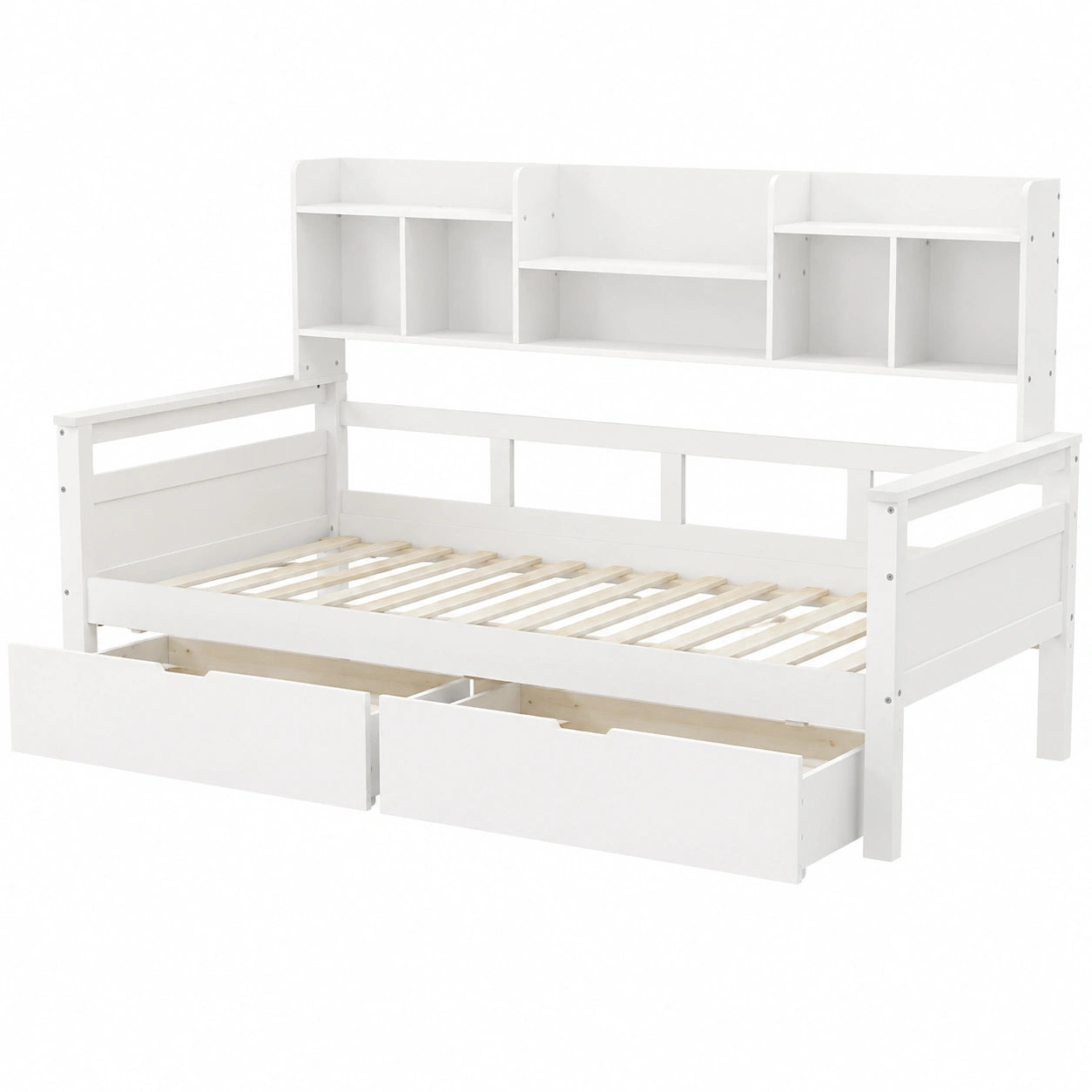 KAZZIO Multifunktions-Schlafsofa 90x200 mit Stauraum und Regalen, Lattenrost, Massivholz, für Kinder und Jugendliche, Weiß
