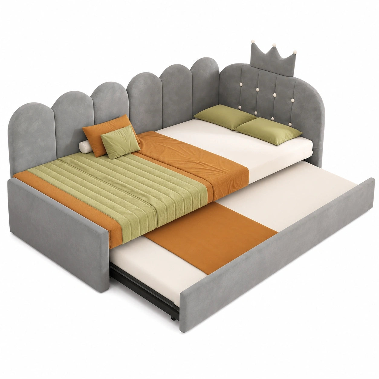 Komfortables Schlafsofa mit Ausziehoption, 90x190 cm, Kronen-Design, platzsparend für Kinder- und Gästezimmer, Samt, Grau
