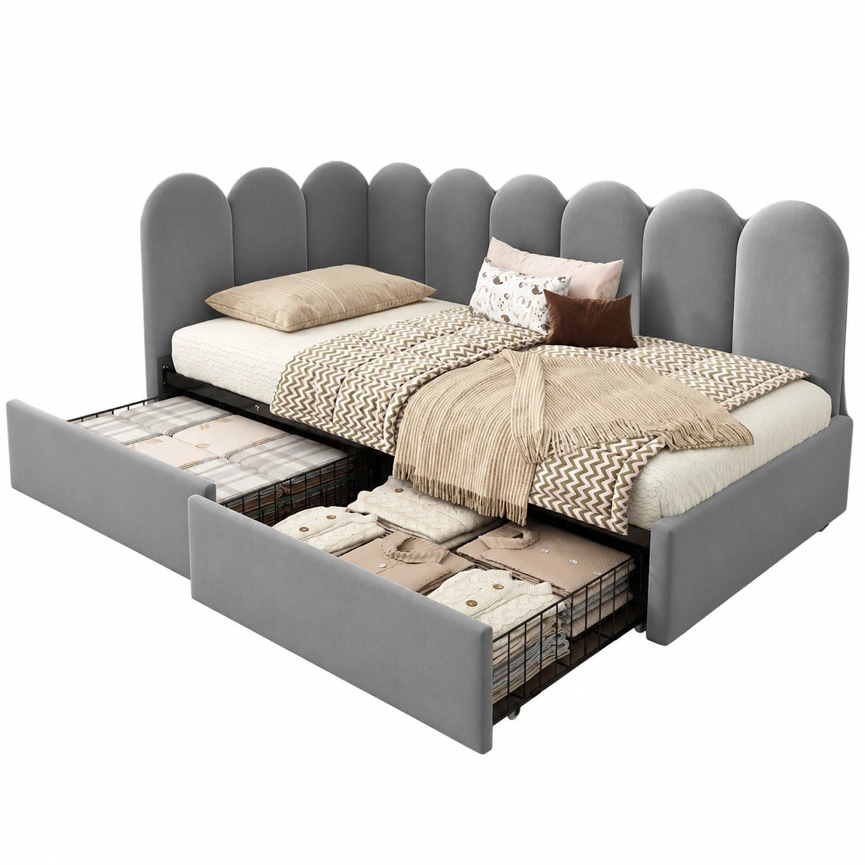 Kebnor Samt-Einzelbett mit Stauraum und Lattenrost, Tagesbett für Jugend und Erwachsene, Kinderbett ohne Matratze, Grau 90x200cm