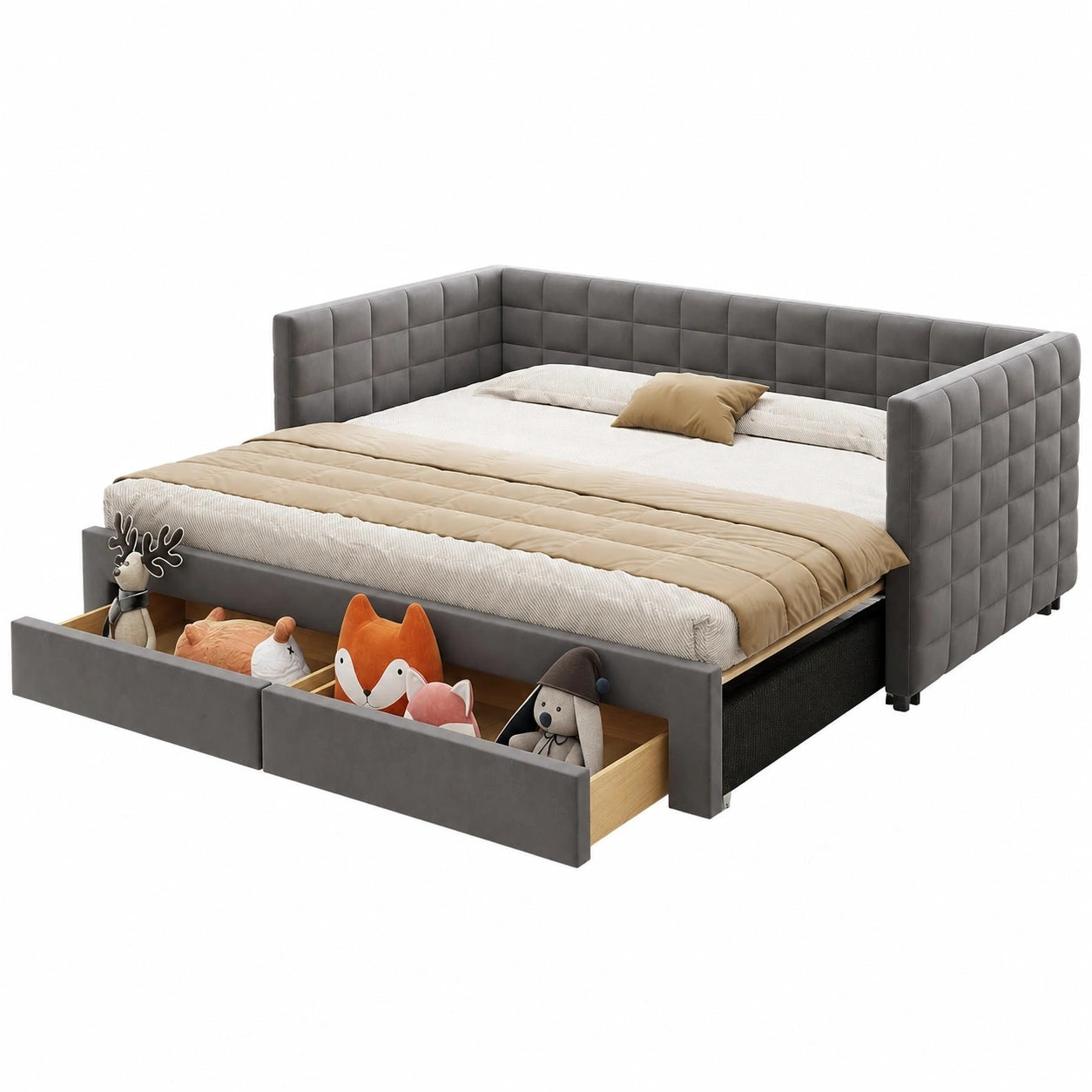 Multifunktionales Schlafsofa mit Ausziehbett und Stauraum, 90 x 190 cm, umwandelbar in Einzel- oder Doppelbett, Baumwolle-Leinen-Mix, Grau