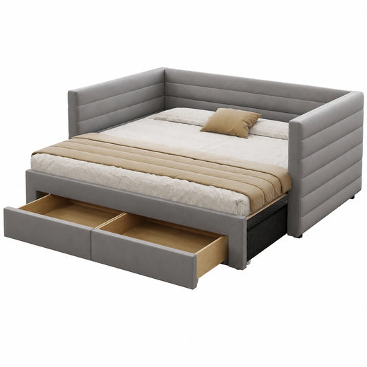 Multifunktionales Polsterbett 90x190 cm, umwandelbar zum Schlafsofa mit Schubladen, Baumwolle & Leinen, Grau